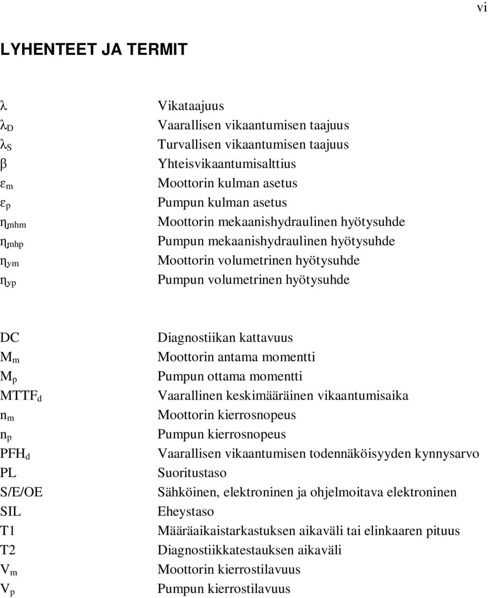 V p Diagnostiikan kattavuus Moottorin antama momentti Pumpun ottama momentti Vaarallinen keskimääräinen vikaantumisaika Moottorin kierrosnopeus Pumpun kierrosnopeus Vaarallisen vikaantumisen