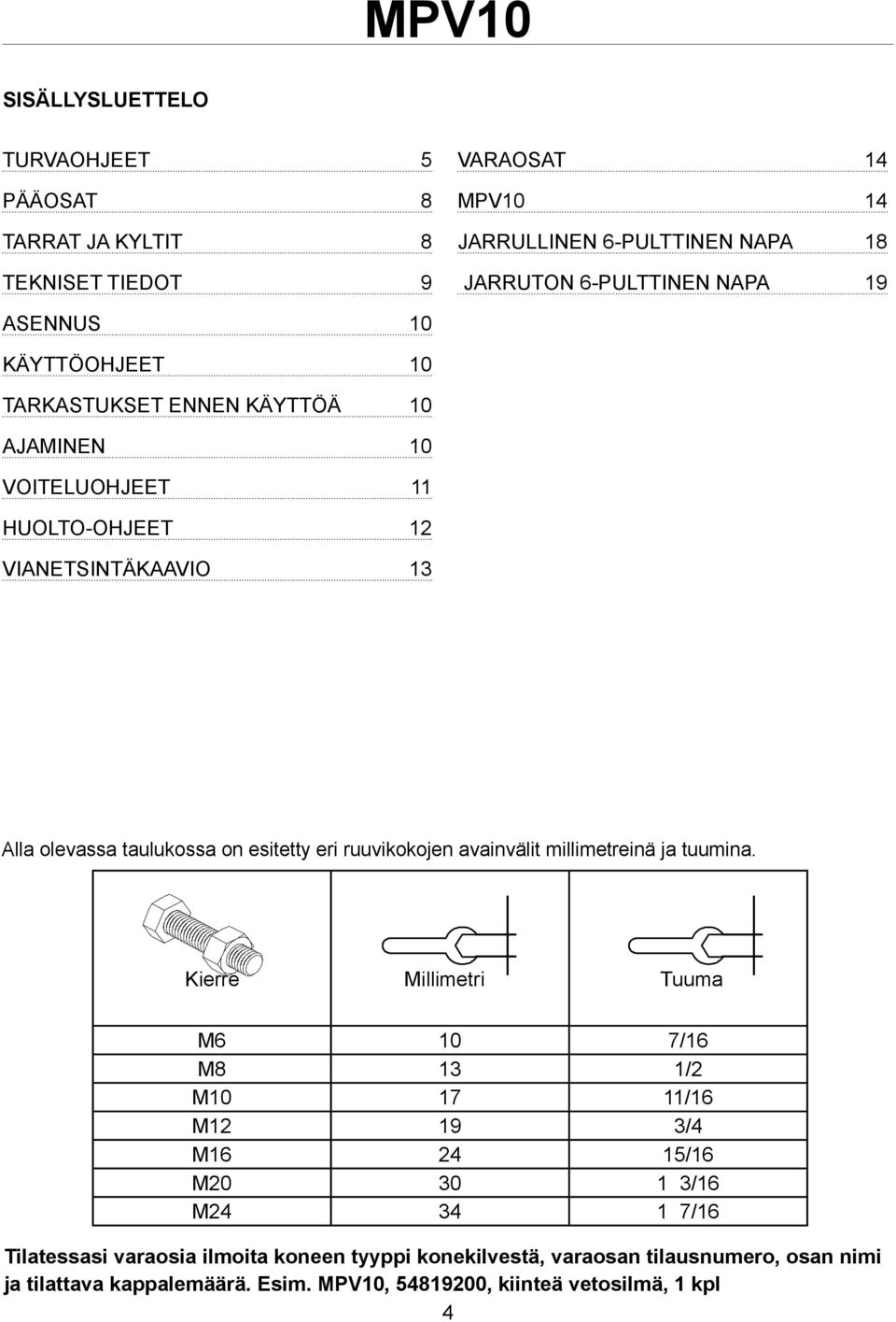 eri ruuvikokojen avainvälit millimetreinä ja tuumina.