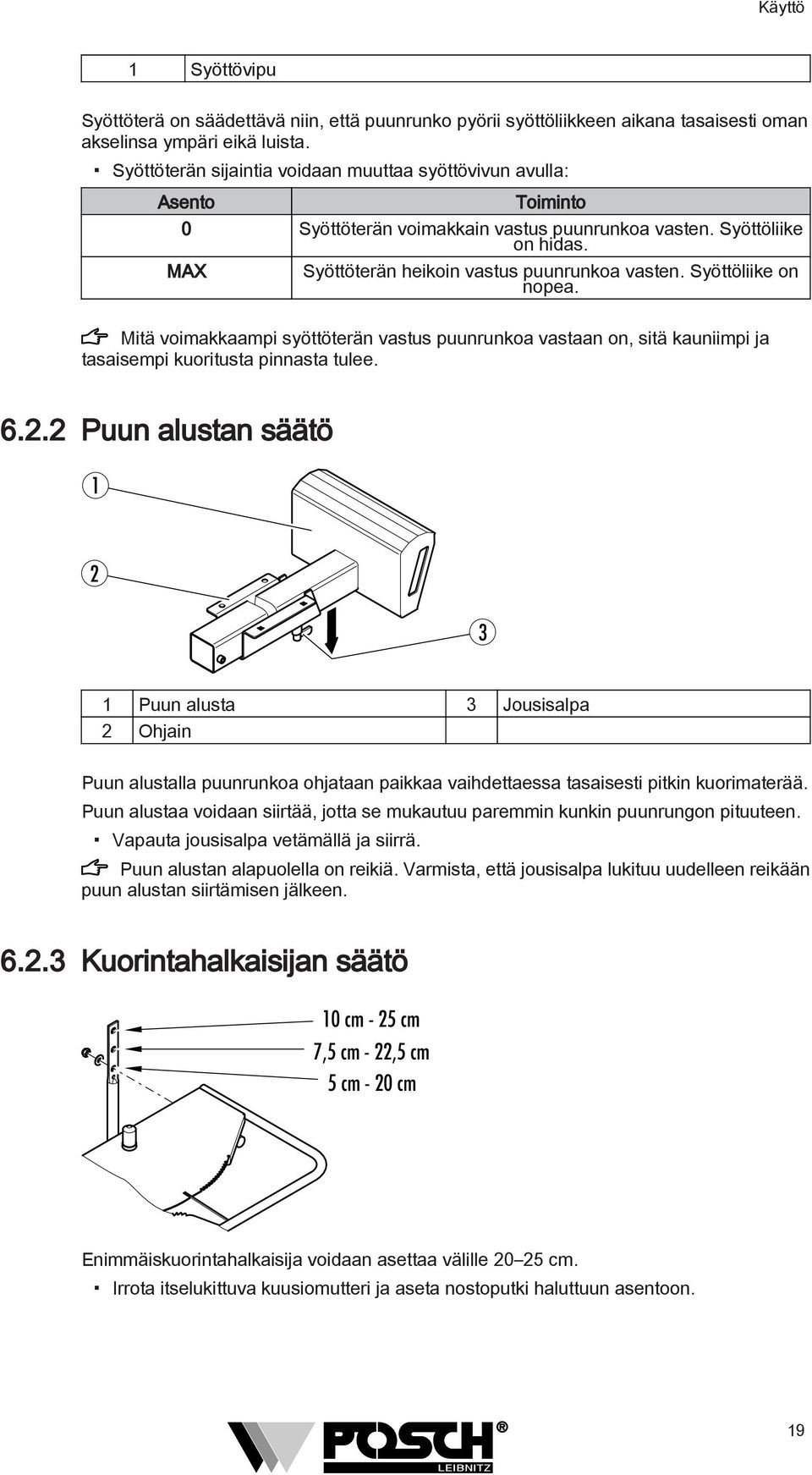 Syöttöliike on nopea. Mitä voimakkaampi syöttöterän vastus puunrunkoa vastaan on, sitä kauniimpi ja tasaisempi kuoritusta pinnasta tulee. 6.2.