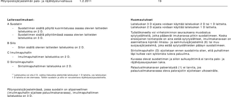 D Siirtoilmapuhallin Siirtoilmapuhaltimen laiteluokka on 2 D. (1 Laiteluokka voi olla 2 D, vaikka tilaluokka edellyttää laiteluokan 1 D laitetta, jos laiteluokan 1 D laitetta ei ole olemassa.