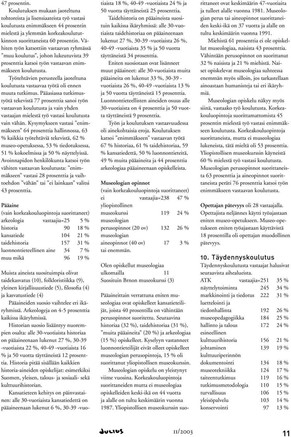 Työtehtävien perusteella jaoteltuna koulutusta vastaavaa työtä oli ennen muuta tutkimus.