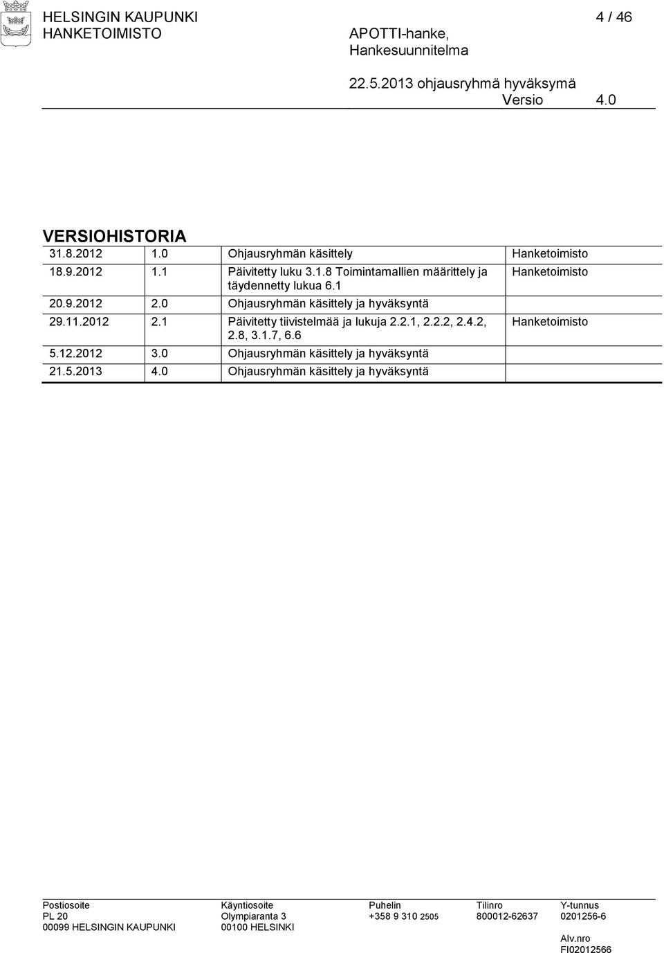 11.2012 2.1 Päivitetty tiivistelmää ja lukuja 2.2.1, 2.2.2, 2.4.2, 2.8, 3.1.7, 6.6 5.12.2012 3.