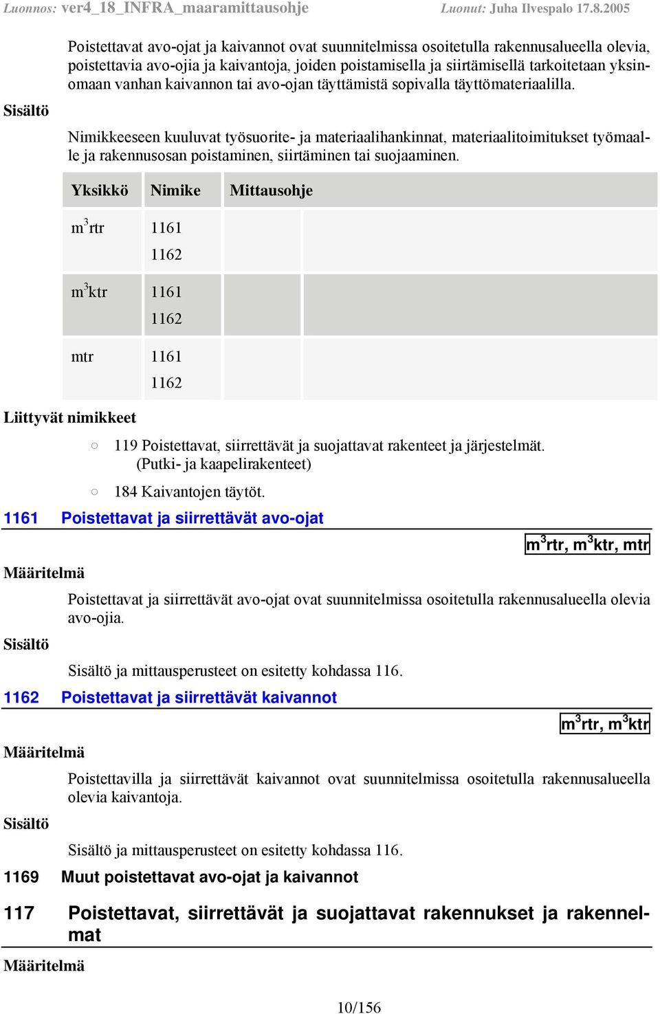 Nimikkeeseen kuuluvat työsuorite- ja materiaalihankinnat, materiaalitoimitukset työmaalle ja rakennusosan poistaminen, siirtäminen tai suojaaminen.