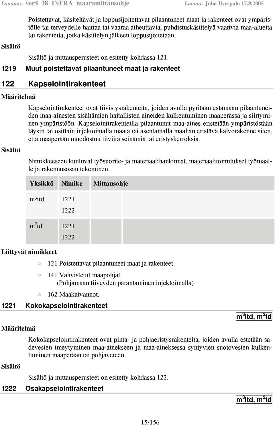 1219 Muut poistettavat pilaantuneet maat ja rakenteet 122 Kapselointirakenteet Kapselointirakenteet ovat tiivistysrakenteita, joiden avulla pyritään estämään pilaantuneiden maa-ainesten sisältämien