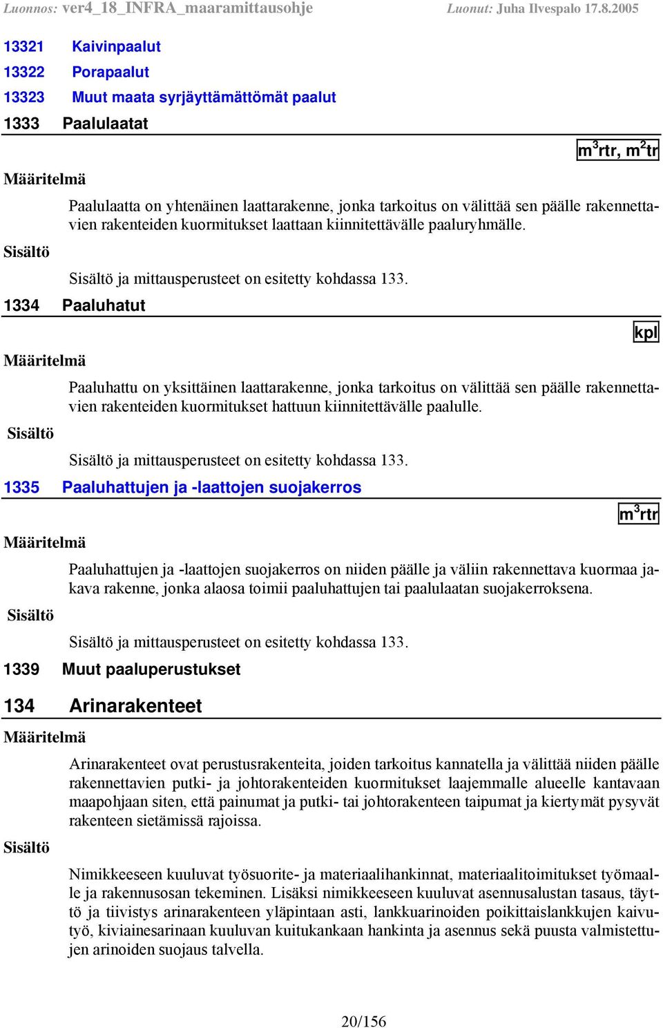 1334 Paaluhatut kpl Paaluhattu on yksittäinen laattarakenne, jonka tarkoitus on välittää sen päälle rakennettavien rakenteiden kuormitukset hattuun kiinnitettävälle paalulle.