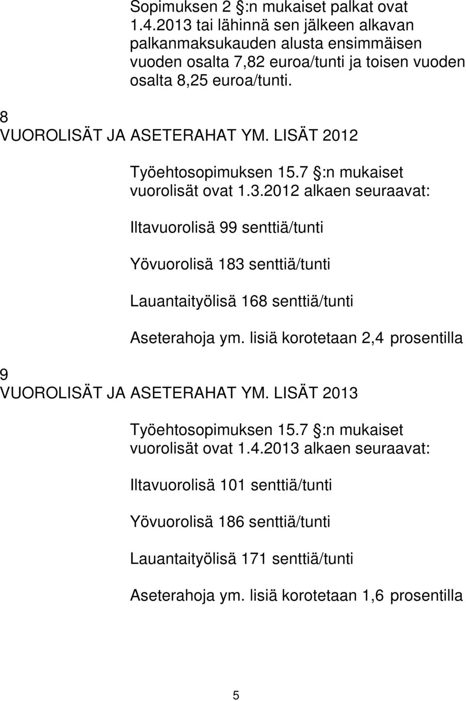 LISÄT 2012 Työehtosopimuksen 15.7 :n mukaiset vuorolisät ovat 1.3.