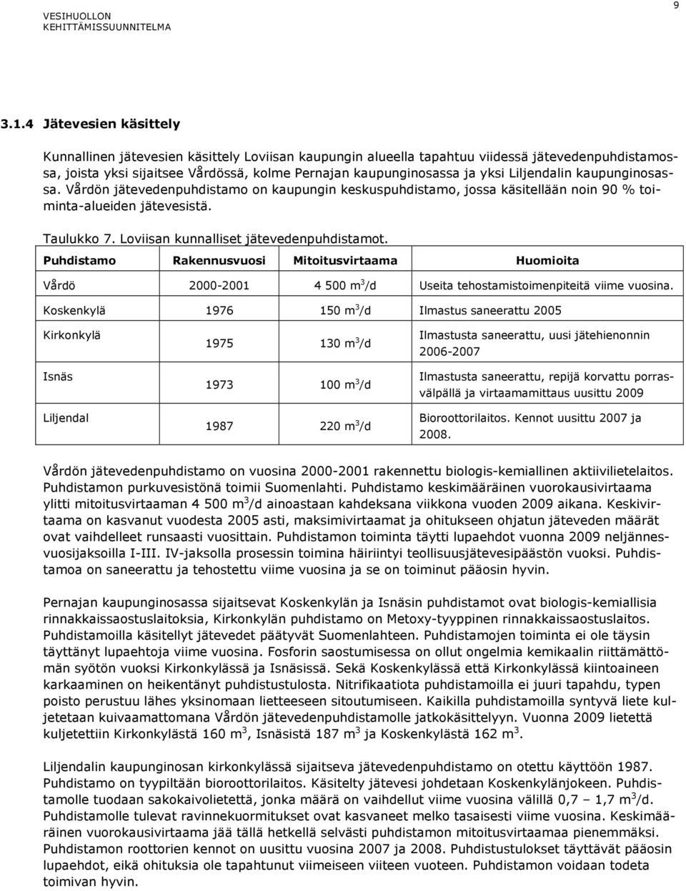 Liljendalin kaupunginosassa. Vårdön jätevedenpuhdistamo on kaupungin keskuspuhdistamo, jossa käsitellään noin 90 % toiminta-alueiden jätevesistä. Taulukko 7. Loviisan kunnalliset jätevedenpuhdistamot.