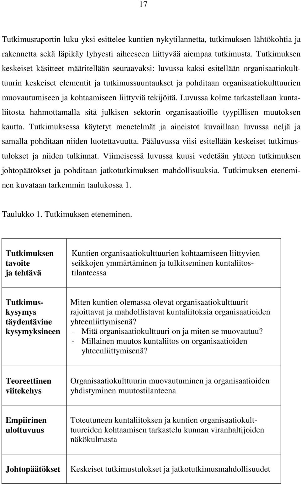 muovautumiseen ja kohtaamiseen liittyviä tekijöitä. Luvussa kolme tarkastellaan kuntaliitosta hahmottamalla sitä julkisen sektorin organisaatioille tyypillisen muutoksen kautta.