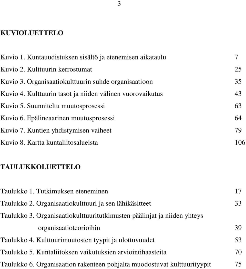 Kartta kuntaliitosalueista 106 TAULUKKOLUETTELO Taulukko 1. Tutkimuksen eteneminen 17 Taulukko 2. Organisaatiokulttuuri ja sen lähikäsitteet 33 Taulukko 3.