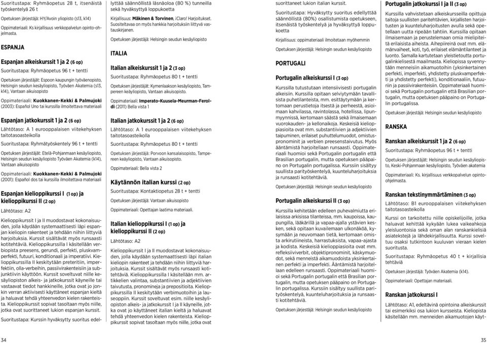 k14), Vantaan aikuisopisto Oppimateriaali: Kuokkanen-Kekki & Palmujoki (2003): Español Uno tai kurssilla ilmoitettava materiaali Espanjan jatkokurssit 1 ja 2 (6 op) Lähtötaso: A 1 eurooppalaisen