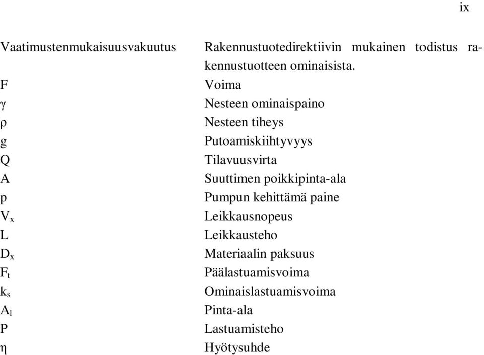 Voima Nesteen ominaispaino Nesteen tiheys Putoamiskiihtyvyys Tilavuusvirta Suuttimen