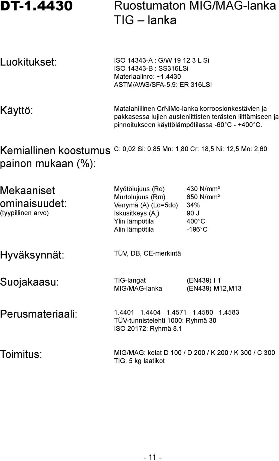 C: 0,02 Si: 0,85 Mn: 1,80 Cr: 18,5 Ni: 12,5 Mo: 2,60 Myötölujuus (Re) 430 N/mm² Murtolujuus (Rm) 650 N/mm² Venymä (A) (Lo=5do) 34% Iskusitkeys (A v ) 90 J Ylin lämpötila 400 C Alin