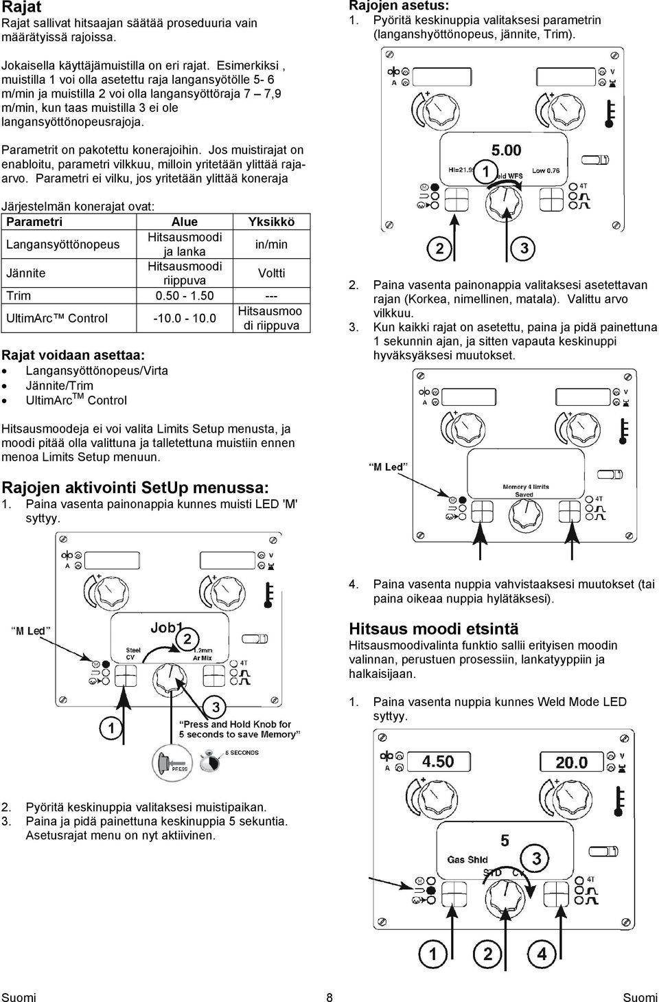 Esimerkiksi, muistilla 1 voi olla asetettu raja langansyötölle 5-6 m/min ja muistilla 2 voi olla langansyöttöraja 7 7,9 m/min, kun taas muistilla 3 ei ole langansyöttönopeusrajoja.