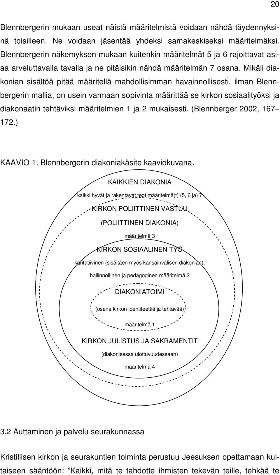 Mikäli diakonian sisältöä pitää määritellä mahdollisimman havainnollisesti, ilman Blennbergerin mallia, on usein varmaan sopivinta määrittää se kirkon sosiaalityöksi ja diakonaatin tehtäviksi