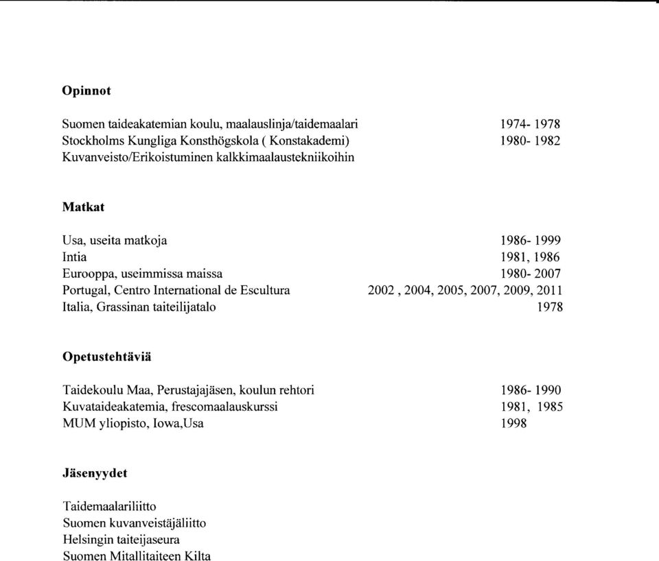 Grassinan taiteilij atalo 1986-1999 1981,1986 1980-2007 2002,2004,2005, 2007,2009,20rr 1978 Opetustehtiiviii Taidekoulu Maa, Perustaj ajiisen, koulun rehtori