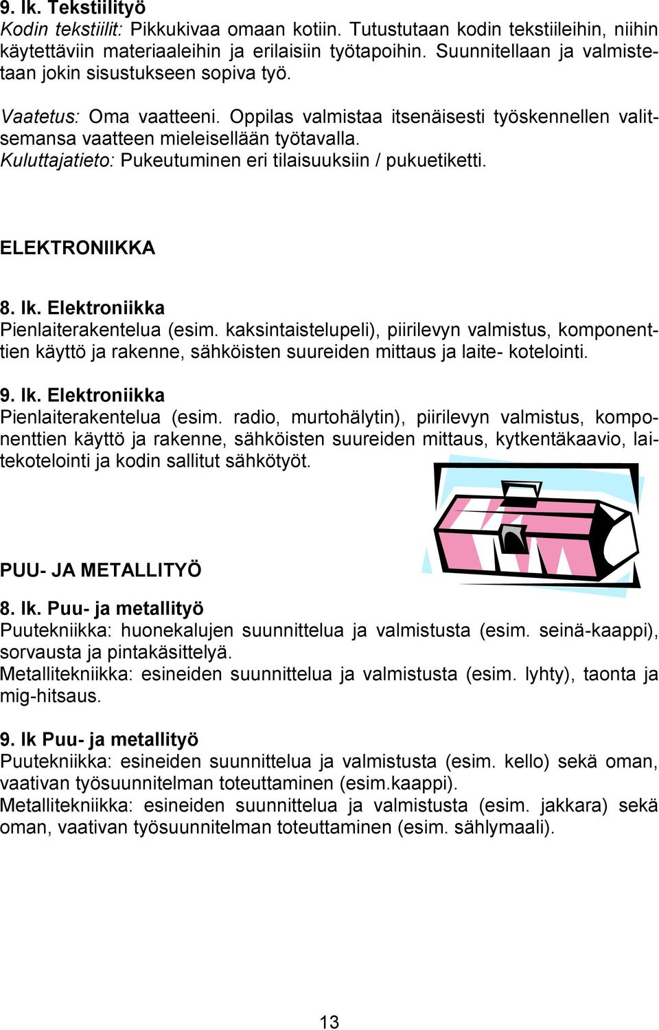 Kuluttajatieto: Pukeutuminen eri tilaisuuksiin / pukuetiketti. ELEKTRONIIKKA 8. lk. Elektroniikka Pienlaiterakentelua (esim.