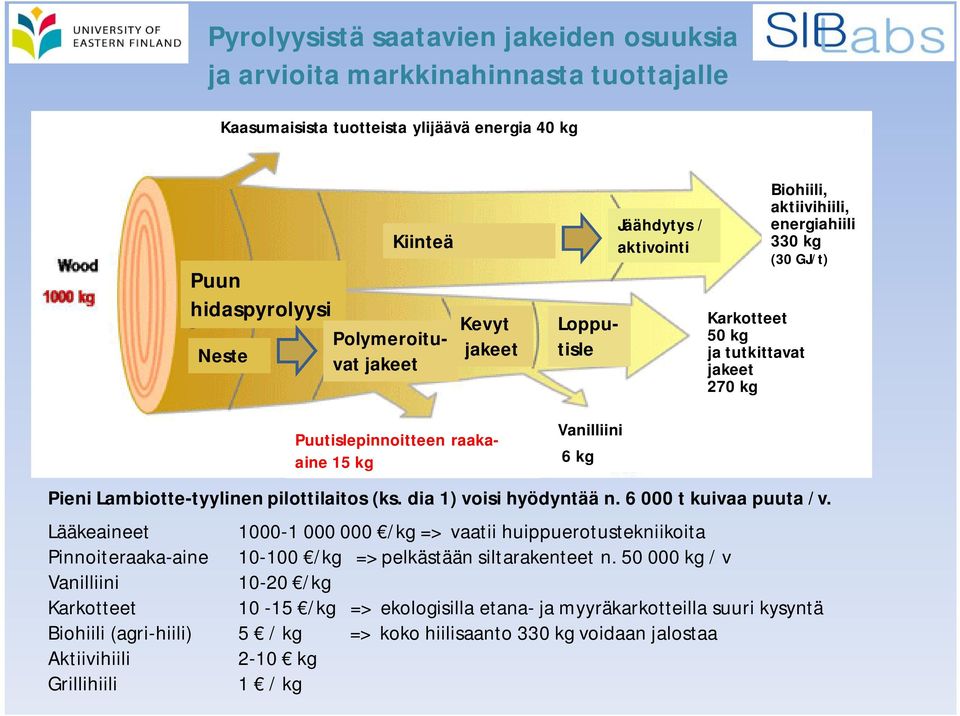 Lambiotte-tyylinen pilottilaitos (ks. dia 1) voisi hyödyntää n. 6 000 t kuivaa puuta /v.