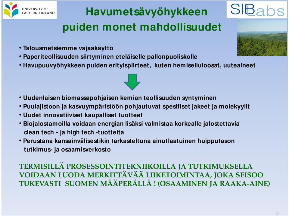 kaupalliset tuotteet Biojalostamoilla voidaan energian lisäksi valmistaa korkealle jalostettavia clean tech - ja high tech -tuotteita Perustana kansainvälisestikin tarkasteltuna ainutlaatuinen