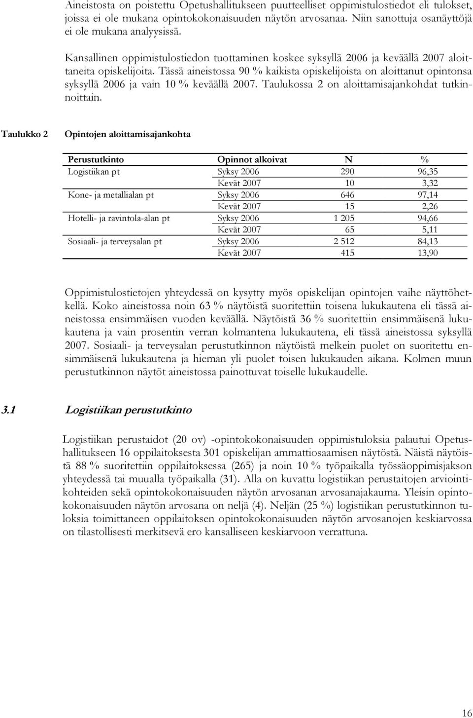 Tässä aineistossa 90 % kaikista opiskelijoista on aloittanut opintonsa syksyllä 2006 ja vain 10 % keväällä 2007. Taulukossa 2 on aloittamisajankohdat tutkinnoittain.