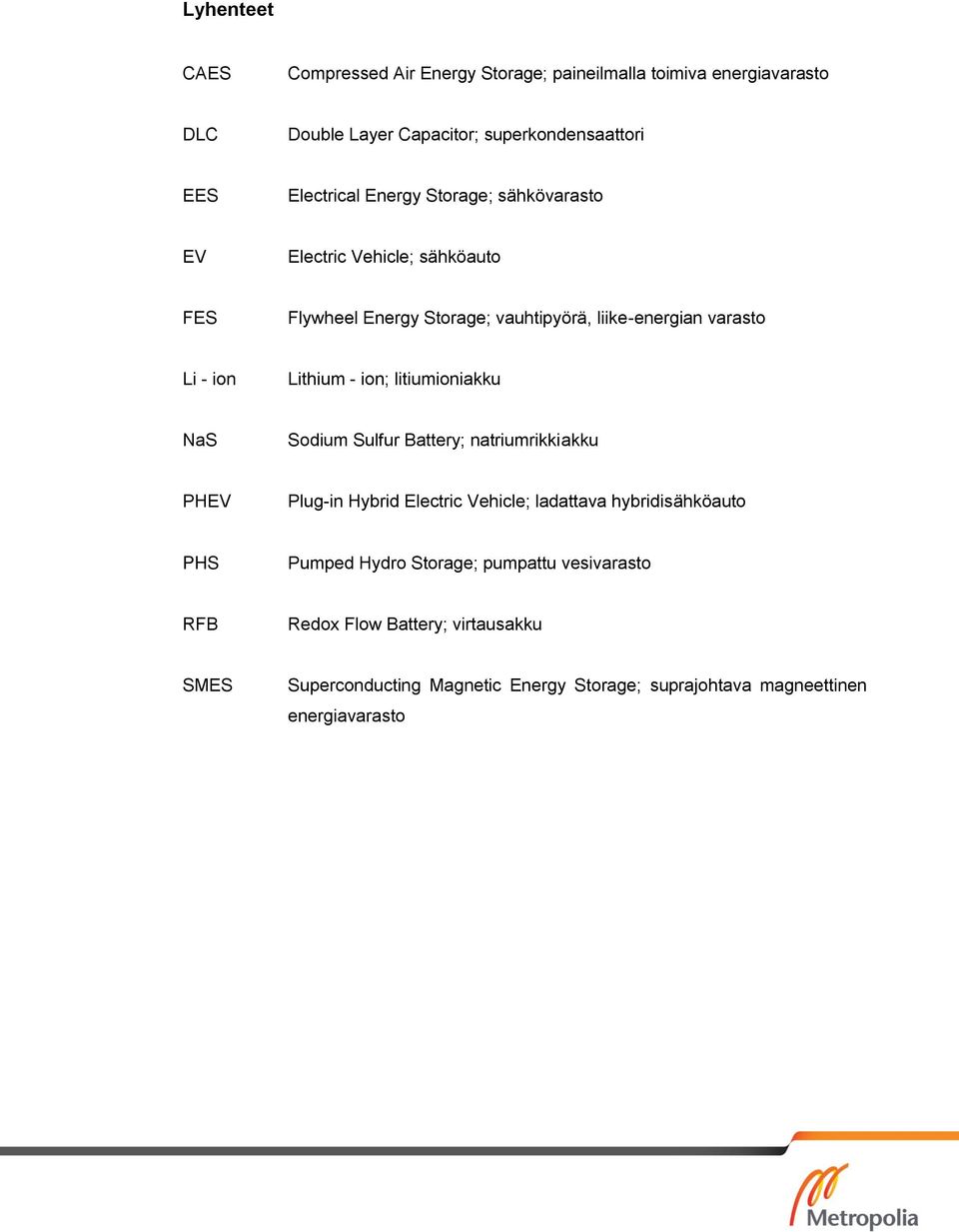 ion; litiumioniakku NaS Sodium Sulfur Battery; natriumrikkiakku PHEV Plug-in Hybrid Electric Vehicle; ladattava hybridisähköauto PHS Pumped Hydro