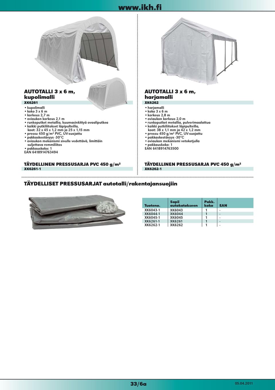 450 g/m² XK6261-1 AUTOTALLI 3 x 6 m, harjamalli XK6262 harjamalli koko 3 x 6 m korkeus 2,8 m oviaukon korkeus 2,0 m runkoputket metallia, pulverimaalattua kaikki putkiliitokset läpipulteilla, koot: