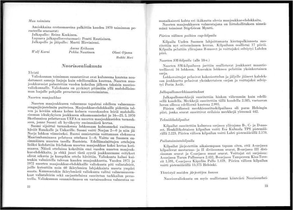 Wolf Karni Aarne Eriksson Pekka Nuutinen N uorisuvaliokunfa Olavi Ojama Heikki Meri Yleistä Valiokunnan toiminnan suuntaviivat ovat kuluneena kautena noudattaneet samoja linjoja kuin edellisenälcin