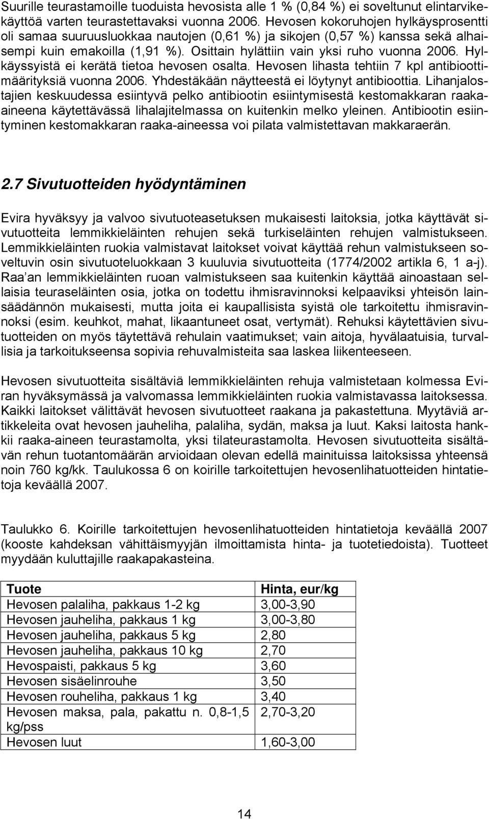 Hylkäyssyistä ei kerätä tietoa hevosen osalta. Hevosen lihasta tehtiin 7 kpl antibioottimäärityksiä vuonna 2006. Yhdestäkään näytteestä ei löytynyt antibioottia.