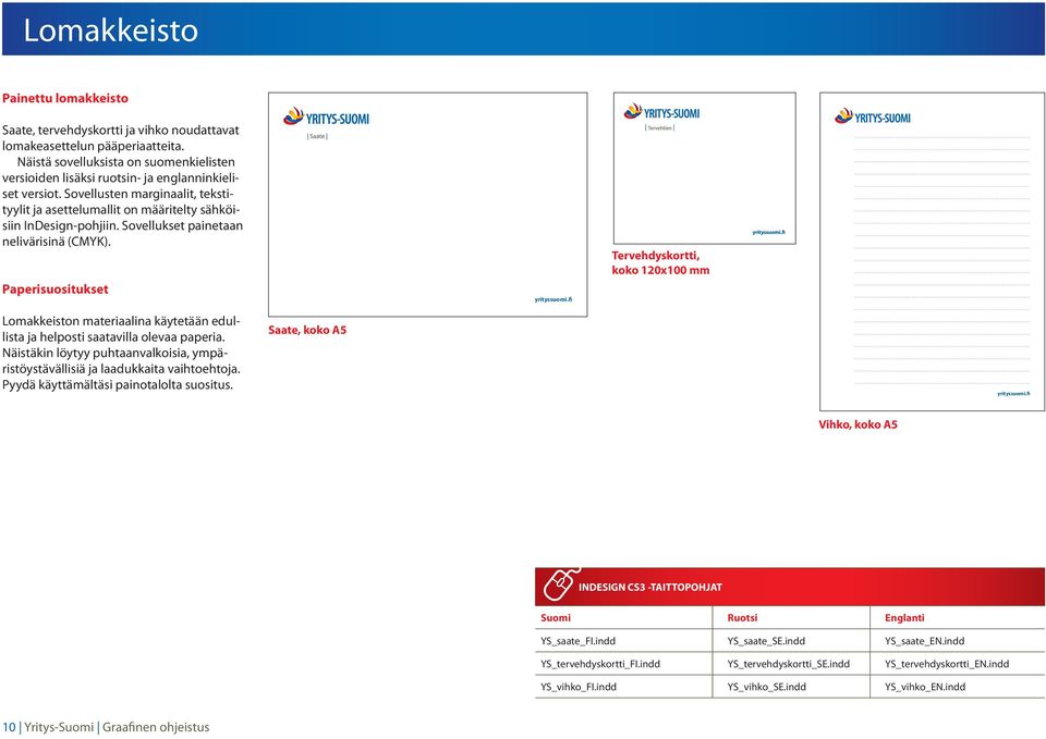 Sovellukset painetaan nelivärisinä (CMYK). Paperisuositukset yrityssuomi.fi Tervehdyskortti, koko 20x00 mm Lomakkeiston materiaalina käytetään edullista ja helposti saatavilla olevaa paperia.