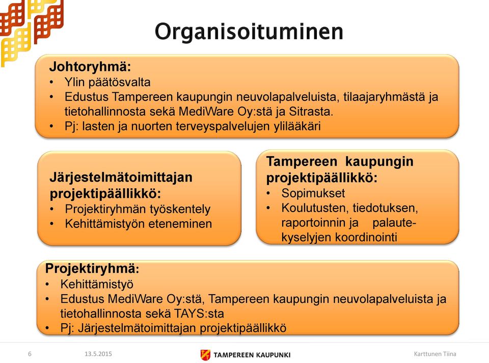 Pj: lasten ja nuorten terveyspalvelujen ylilääkäri Järjestelmätoimittajan projektipäällikkö: Projektiryhmän työskentely Kehittämistyön eteneminen