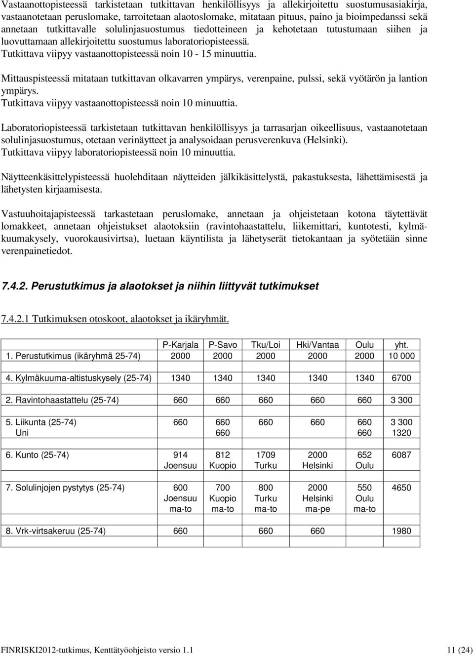 Tutkittava viipyy vastaanottopisteessä noin 10-15 minuuttia. Mittauspisteessä mitataan tutkittavan olkavarren ympärys, verenpaine, pulssi, sekä vyötärön ja lantion ympärys.