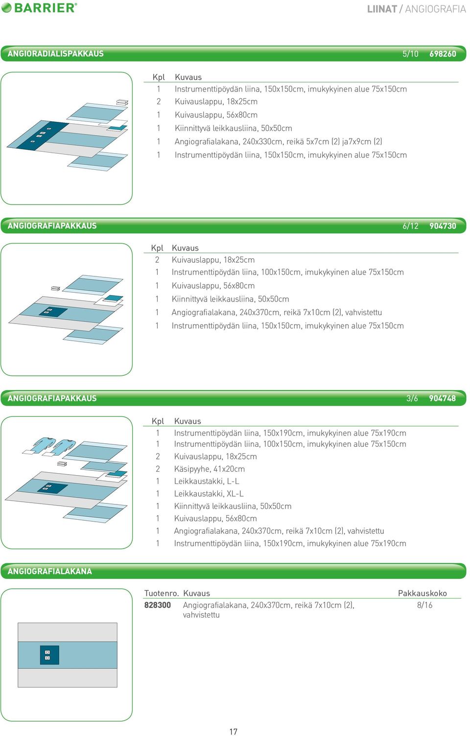 Instrumenttipöydän liina, 100x150cm, imukykyinen alue 75x150cm 1 Kuivauslappu, 56x80cm 1 Kiinnittyvä leikkausliina, 50x50cm 1 Angiografialakana, 240x370cm, reikä 7x10cm (2), vahvistettu 1
