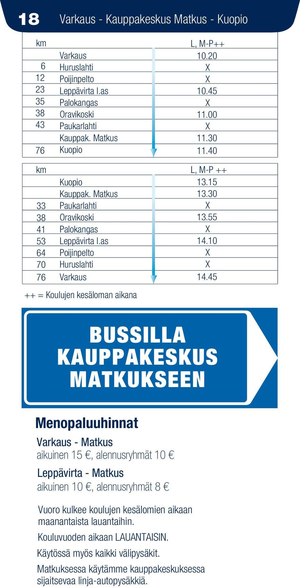 45 ++ = Kouujen kesäoman aikana BUSSLLA KAUPPAKESKUS MATKUKSEEN Menopauuhinnat - Matkus aikuinen 15, aennusryhmät 10 Leppävirta - Matkus aikuinen 10, aennusryhmät 8 Vuoro