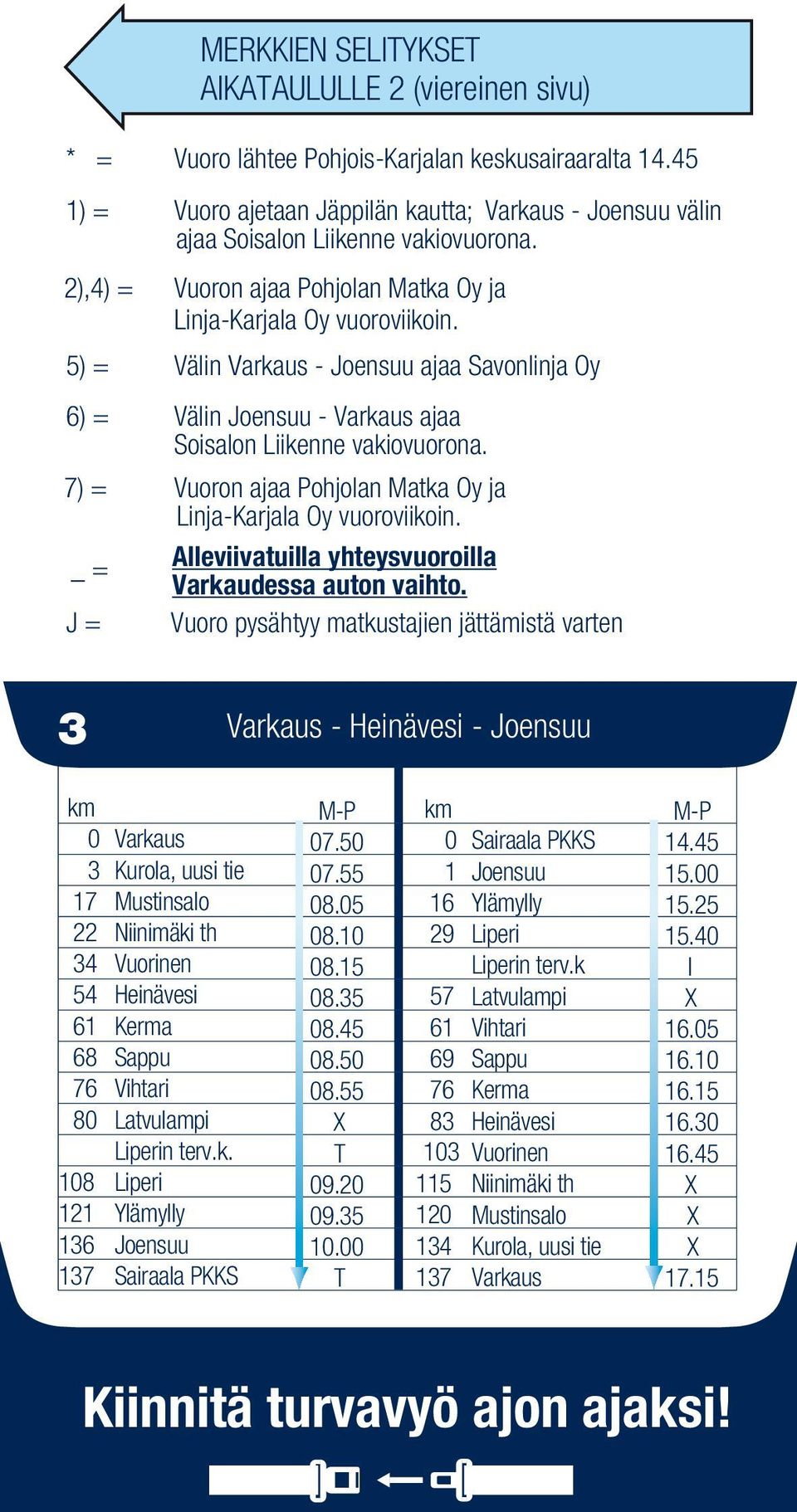 7) = Vuoron ajaa Pohjoan Matka Oy ja Linja-Karjaa Oy vuoroviikoin. _ = J = MERKKEN SELTYKSET AKATAULULLE 2 (viereinen sivu) Aeviivatuia yhteysvuoroia Varkaudessa auton vaihto.