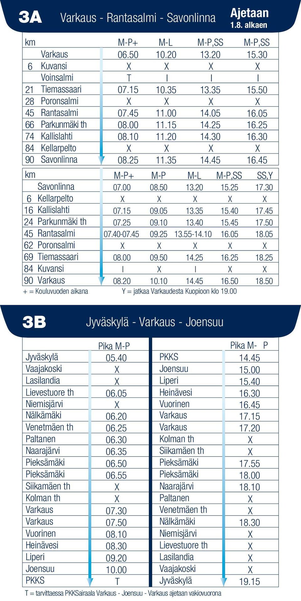 50 16.05 16.25 16.45 M-P+ M-P M-L M-P,SS SS,Y 07.00 07.15 07.25 07.40-07.45 08.00 08.20 09.05 09.10 09.25 09.50 10.10 13.20 13.35 13.40 13.55-14.10 14.25 14.45 15.25 15.40 15.45 16.05 16.25 16.50 + = Kouuvuoden aikana Y = jatkaa Varkaudesta Kuopioon ko 19.