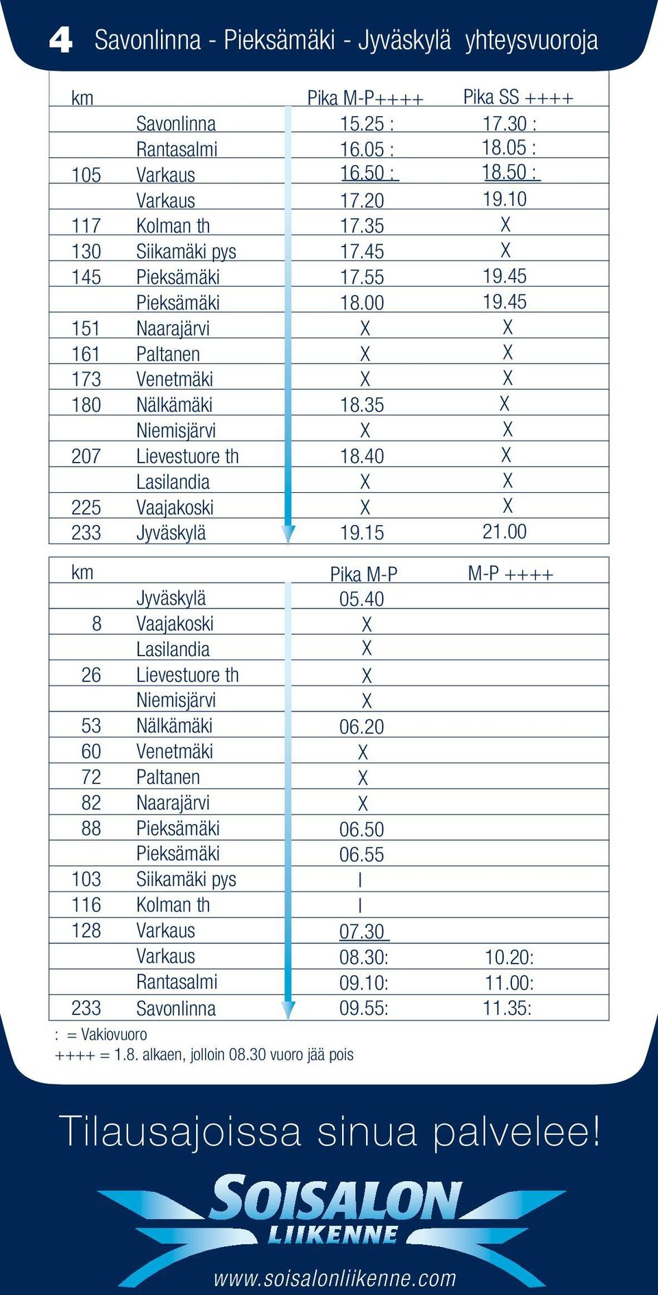 Koman th Rantasami 233 Savoninna : = Vakiovuoro ++++ = 1.8. akaen, jooin 08.30 vuoro jää pois Pika M-P++++ 15.25 : 16.05 : 16.50 : 17.20 17.35 17.45 17.55 18.00 18.35 18.40 19.