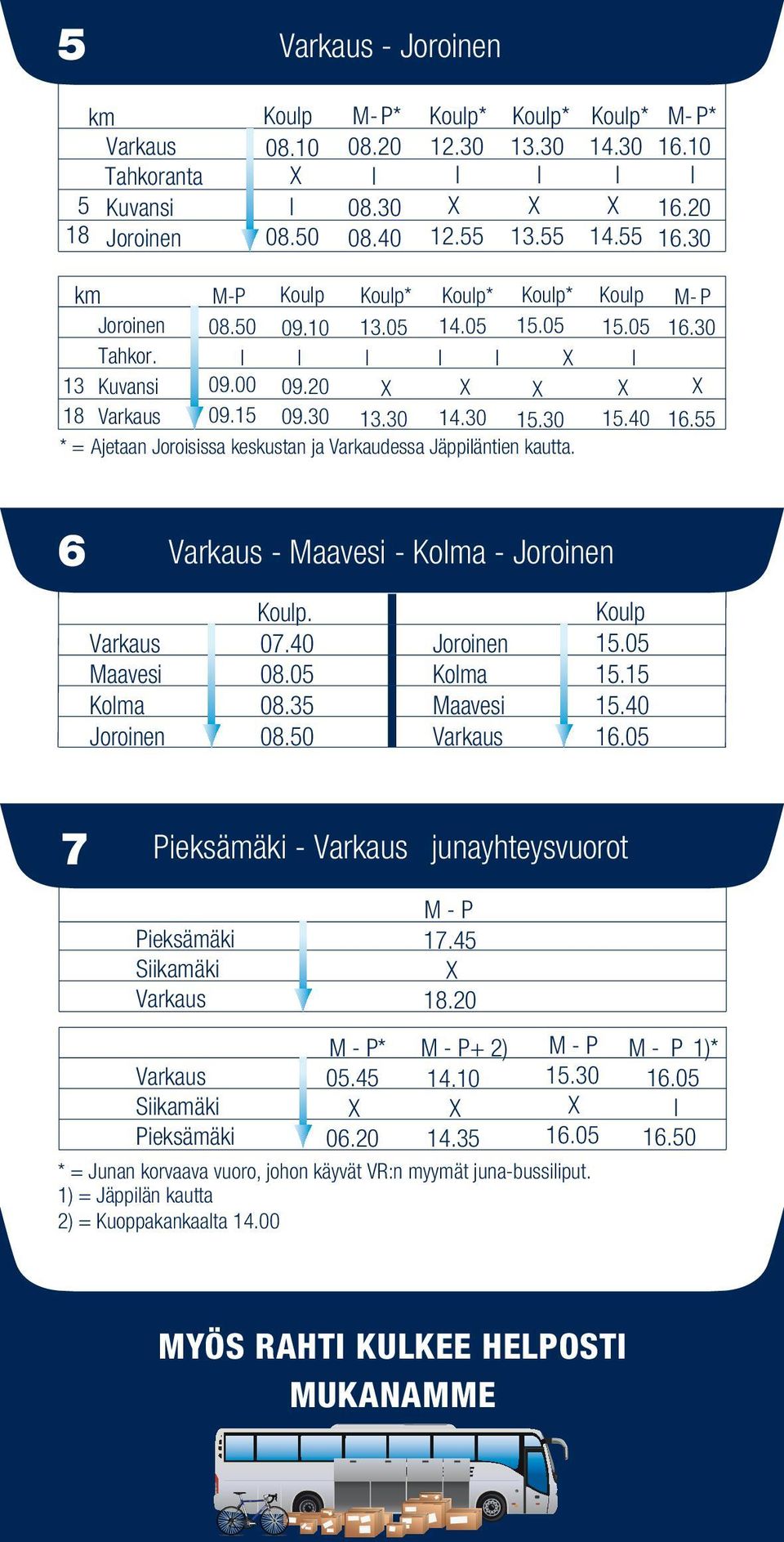 6 - Maavesi - Koma - Joroinen Maavesi Koma Joroinen. 07.40 08.05 08.35 Joroinen Koma Maavesi 15.05 15.15 15.40 16.05 7 - junayhteysvuorot Siikamäki Siikamäki M - P* 05.45 06.20 M - P 17.