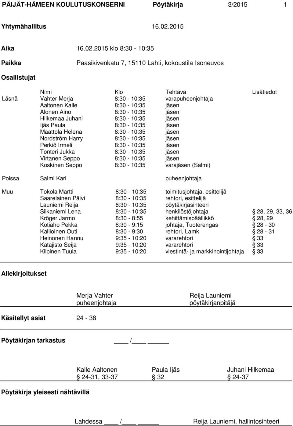 2015 klo 8:30-10:35 Paikka Paasikivenkatu 7, 15110 Lahti, kokoustila Isoneuvos Osallistujat Nimi Klo Tehtävä Lisätiedot Läsnä Vahter Merja 8:30-10:35 varapuheenjohtaja Aaltonen Kalle 8:30-10:35 jäsen