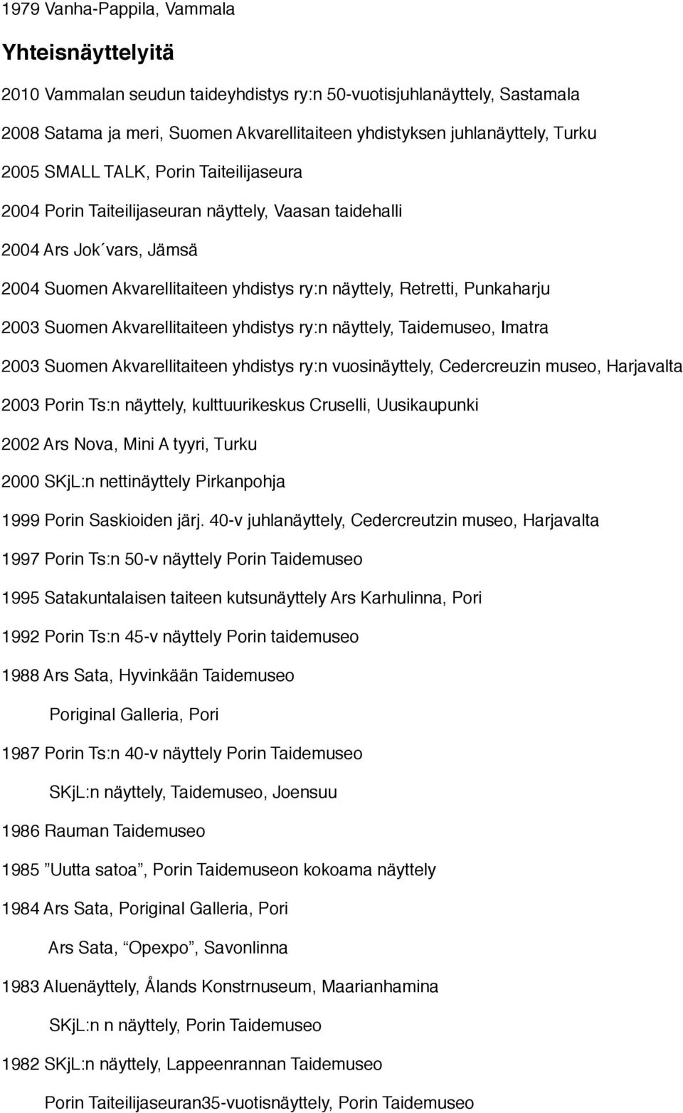 Taiteilijaseura 2004 Porin Taiteilijaseuran näyttely, Vaasan taidehalli 2004 Ars Jok vars, Jämsä 2004 Suomen Akvarellitaiteen yhdistys ry:n näyttely, Retretti, Punkaharju 2003 Suomen Akvarellitaiteen