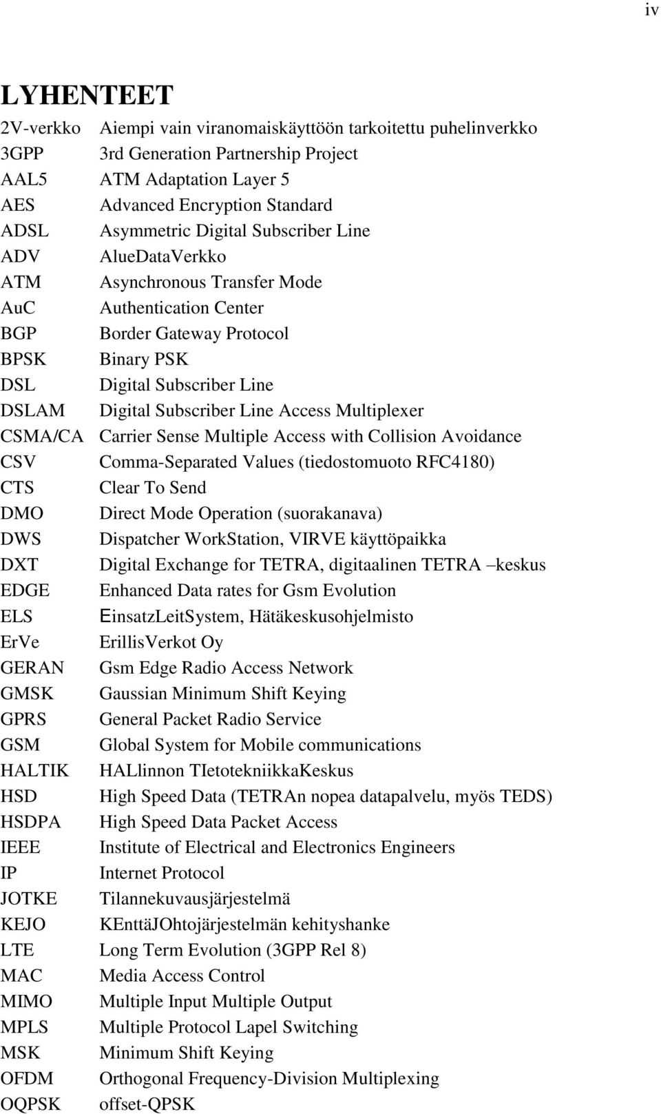 Line Access Multiplexer CSMA/CA Carrier Sense Multiple Access with Collision Avoidance CSV Comma-Separated Values (tiedostomuoto RFC4180) CTS Clear To Send DMO Direct Mode Operation (suorakanava) DWS