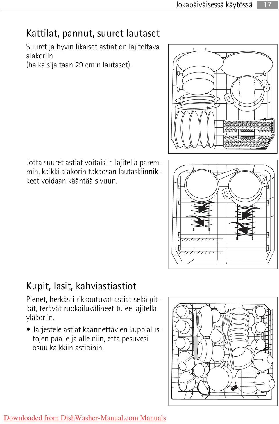 Jotta suuret astiat voitaisiin lajitella paremmin, kaikki alakorin takaosan lautaskiinnikkeet voidaan kääntää sivuun.