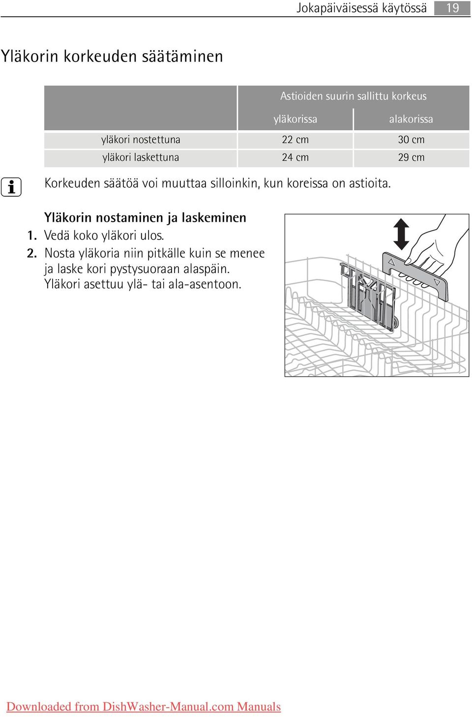 Nosta yläkoria niin pitkälle kuin se menee ja laske kori pystysuoraan alaspäin.