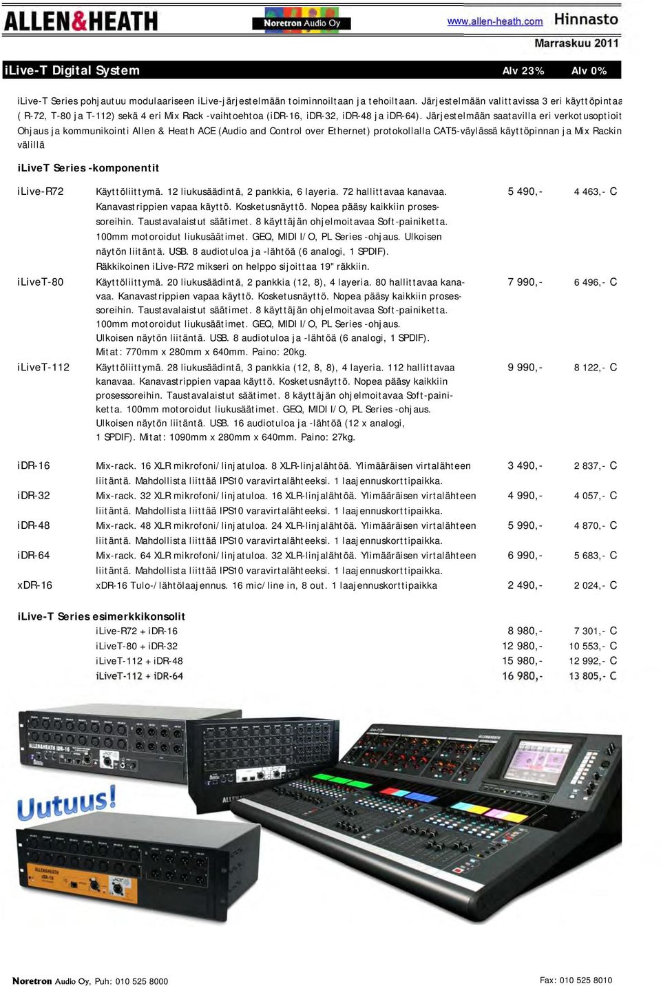 Järjestelmään saatavilla eri verkotusoptioit Ohjaus ja kommunikointi Allen & Heath AE (Audio and ontrol over Ethernet) protokollalla AT5-väylässä käyttöpinnan ja Mix Rackin välillä ilivet Series