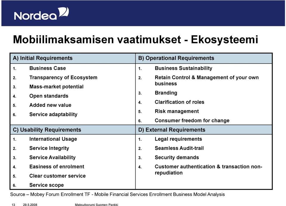 Consumer freedom for change C) Usability Requirements D) External Requirements 1. International Usage 2. Service Integrity 3. Service Availability 4. Easiness of enrolment 5. Clear customer service 6.