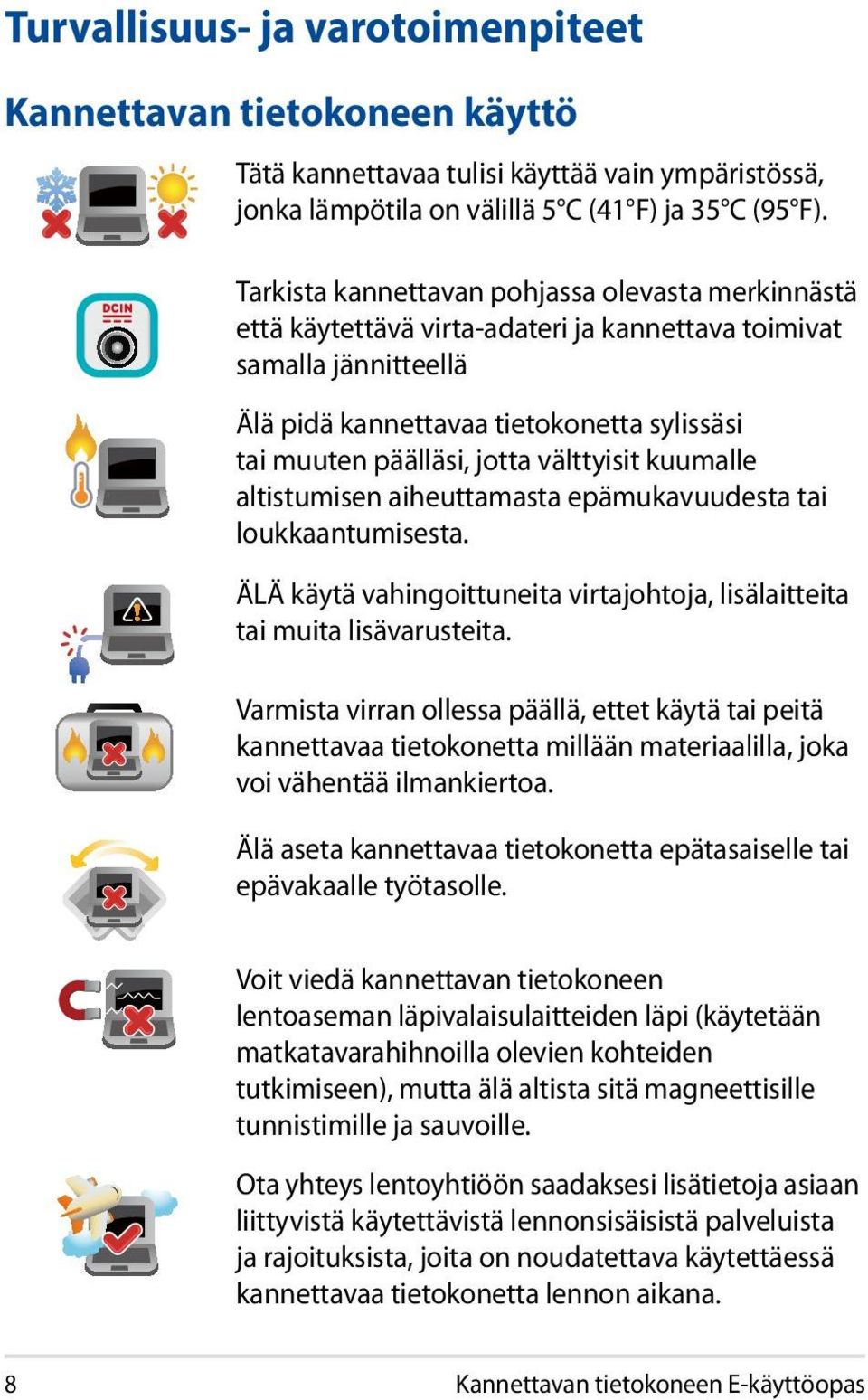 välttyisit kuumalle altistumisen aiheuttamasta epämukavuudesta tai loukkaantumisesta. ÄLÄ käytä vahingoittuneita virtajohtoja, lisälaitteita tai muita lisävarusteita.