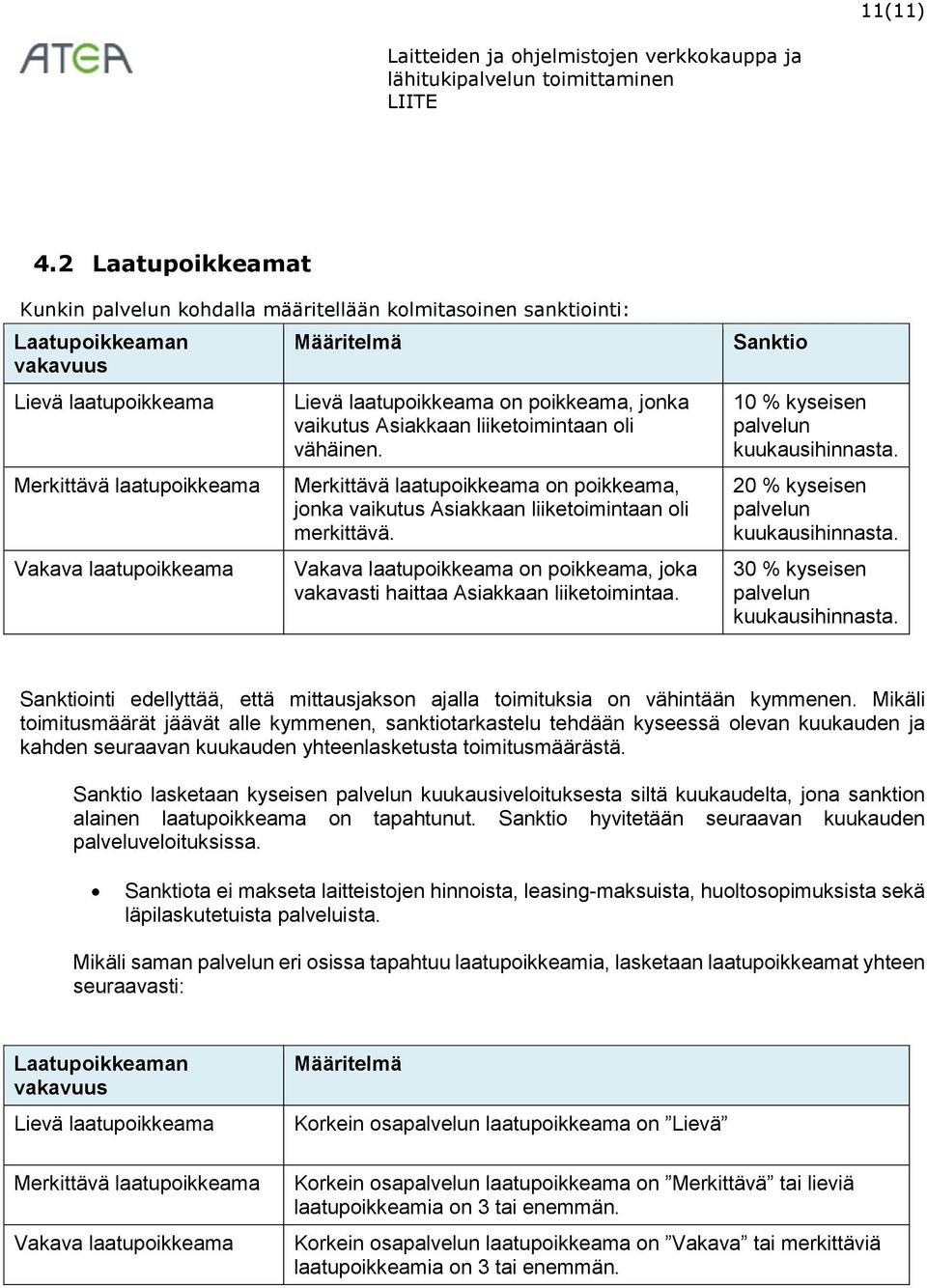 laatupoikkeama on poikkeama, jonka vaikutus Asiakkaan liiketoimintaan oli vähäinen. Merkittävä laatupoikkeama on poikkeama, jonka vaikutus Asiakkaan liiketoimintaan oli merkittävä.