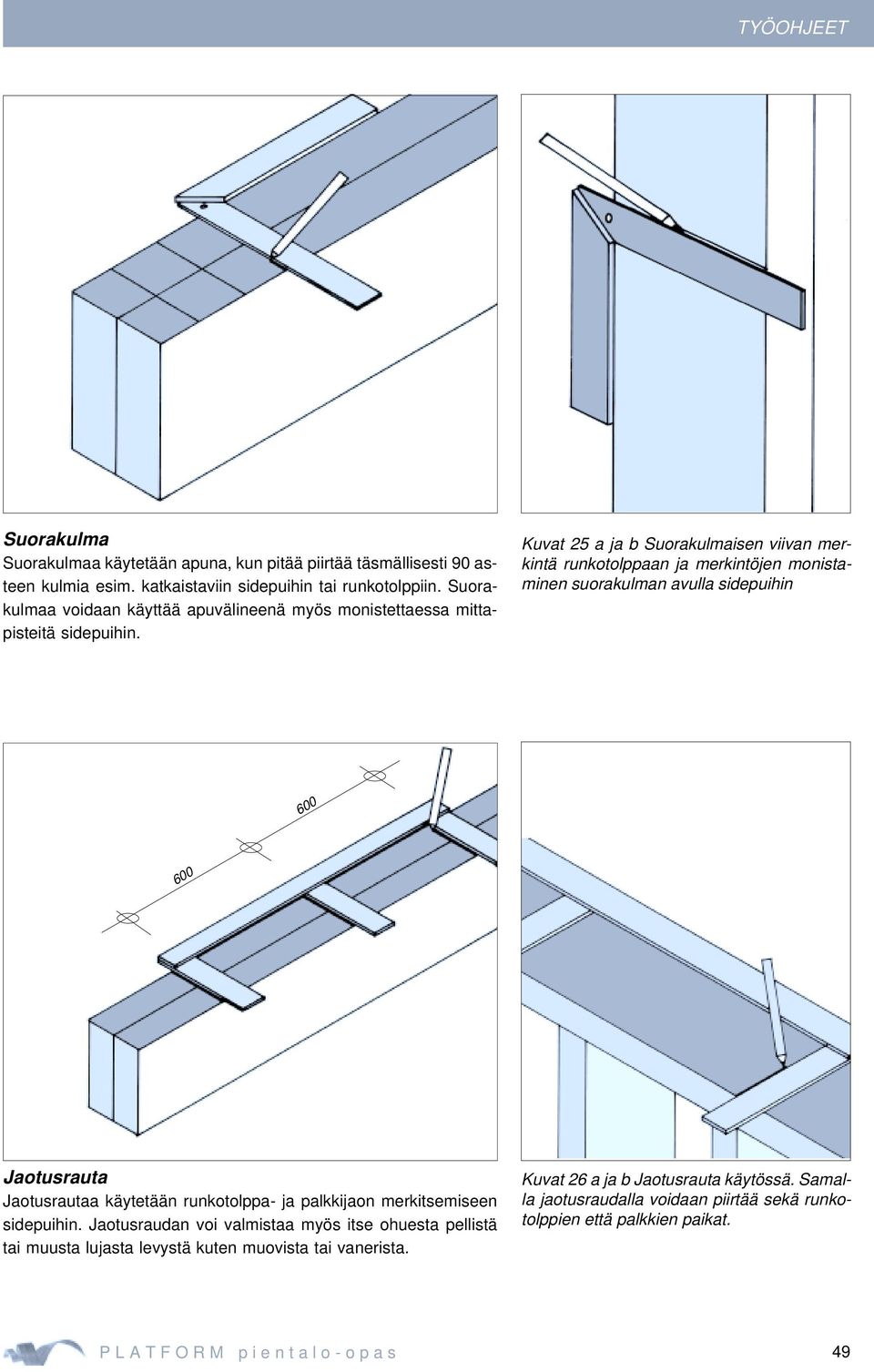 Kuvat 25 a ja b Suorakulmaisen viivan merkintä runkotolppaan ja merkintöjen monistaminen suorakulman avulla sidepuihin 600 600 Jaotusrauta Jaotusrautaa käytetään runkotolppa- ja