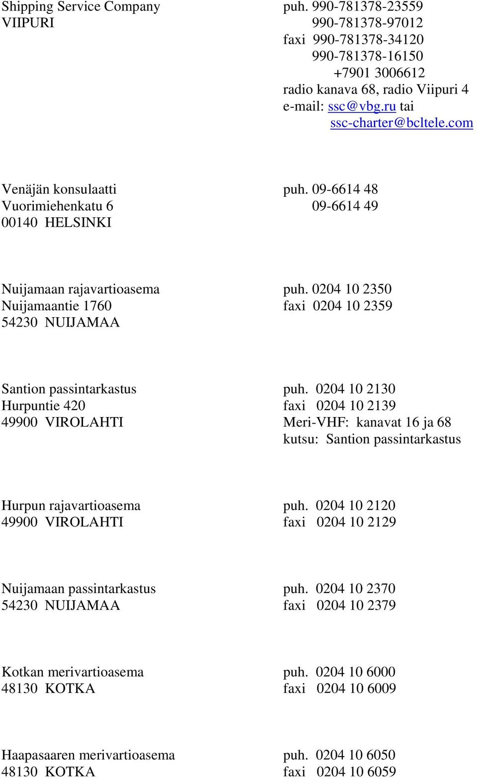 0204 10 2350 Nuijamaantie 1760 faxi 0204 10 2359 54230 NUIJAMAA Santion passintarkastus puh.