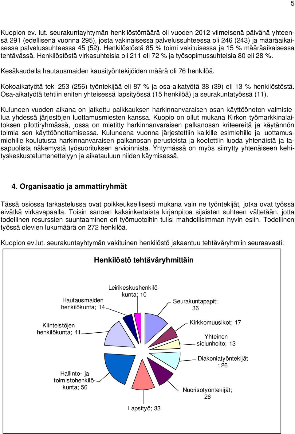 (52). Henkilöstöstä 85 % toimi vakituisessa ja 15 % määräaikaisessa tehtävässä. Henkilöstöstä virkasuhteisia oli 211 eli 72 % ja työsopimussuhteisia 80 eli 28 %.