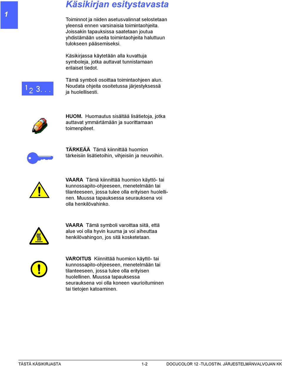 HUOM. Huomautus sisältää lisätietoja, jotka auttavat ymmärtämään ja suorittamaan toimenpiteet. TÄRKEÄÄ Tämä kiinnittää huomion tärkeisiin lisätietoihin, vihjeisiin ja neuvoihin.