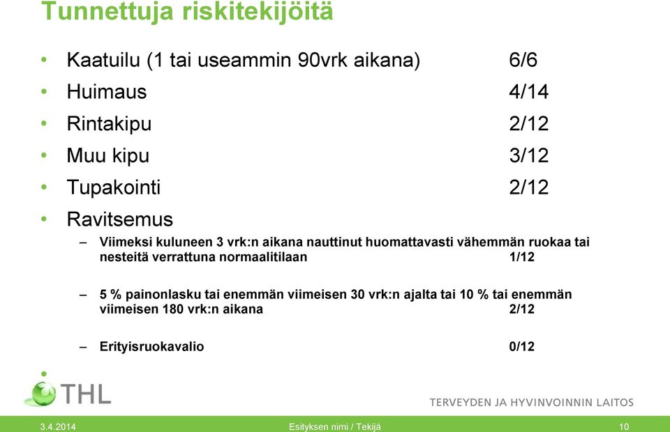 ruokaa tai nesteitä verrattuna normaalitilaan 1/12 5 % painonlasku tai enemmän viimeisen 30 vrk:n ajalta